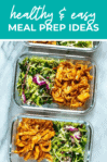 BBQ chicken in meal prep containers with the text "Healthy & Easy Meal Prep Ideas" on top.