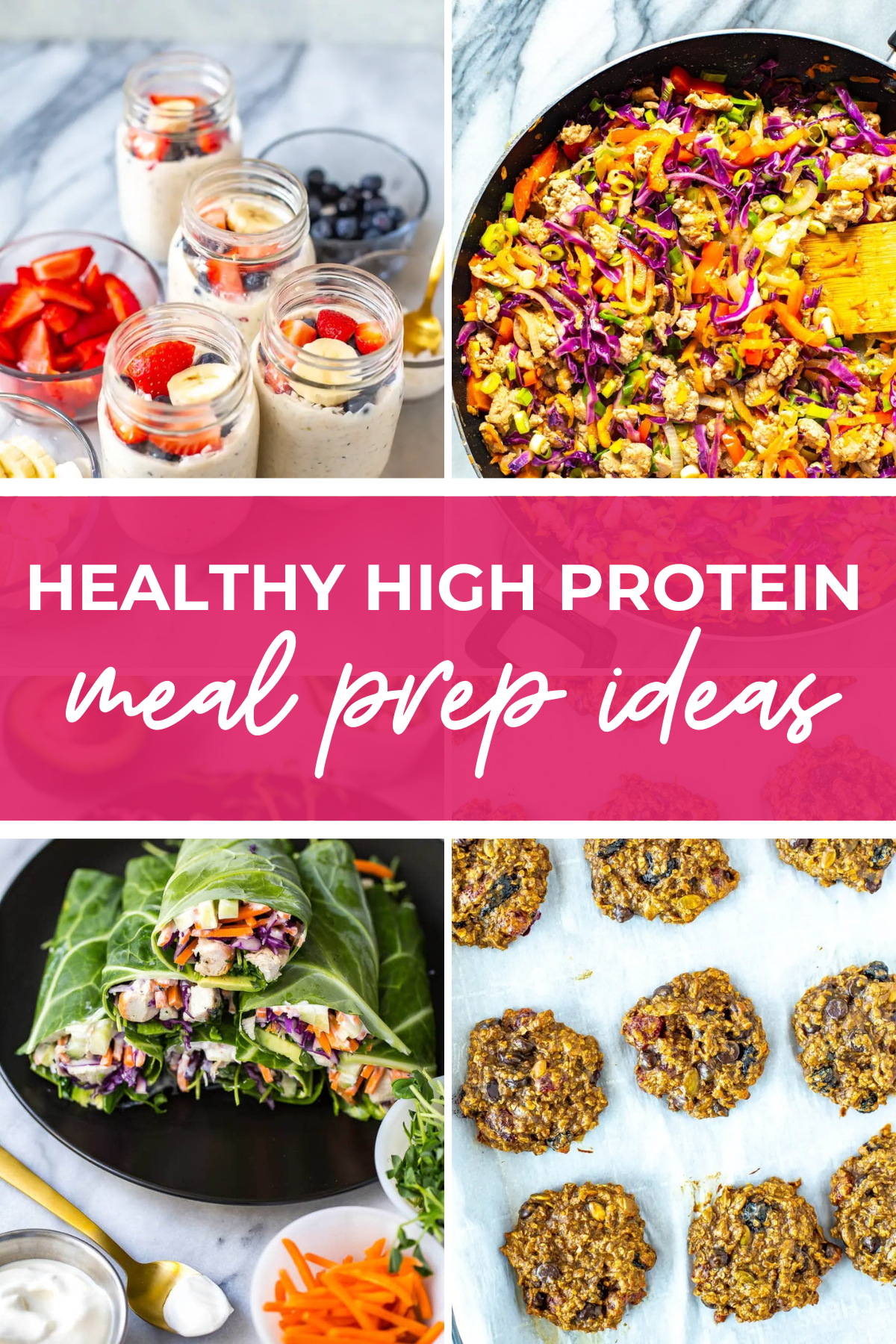 A collage of high protein meal prep ideas.