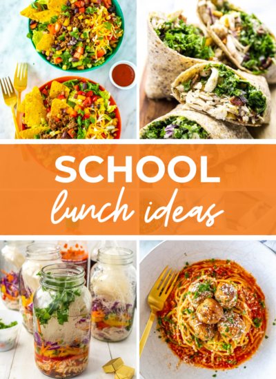 A collage of 4 school lunches with the text "School Lunch Ideas" on top.