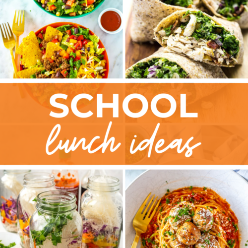 A collage of 4 school lunches with the text "School Lunch Ideas" on top.