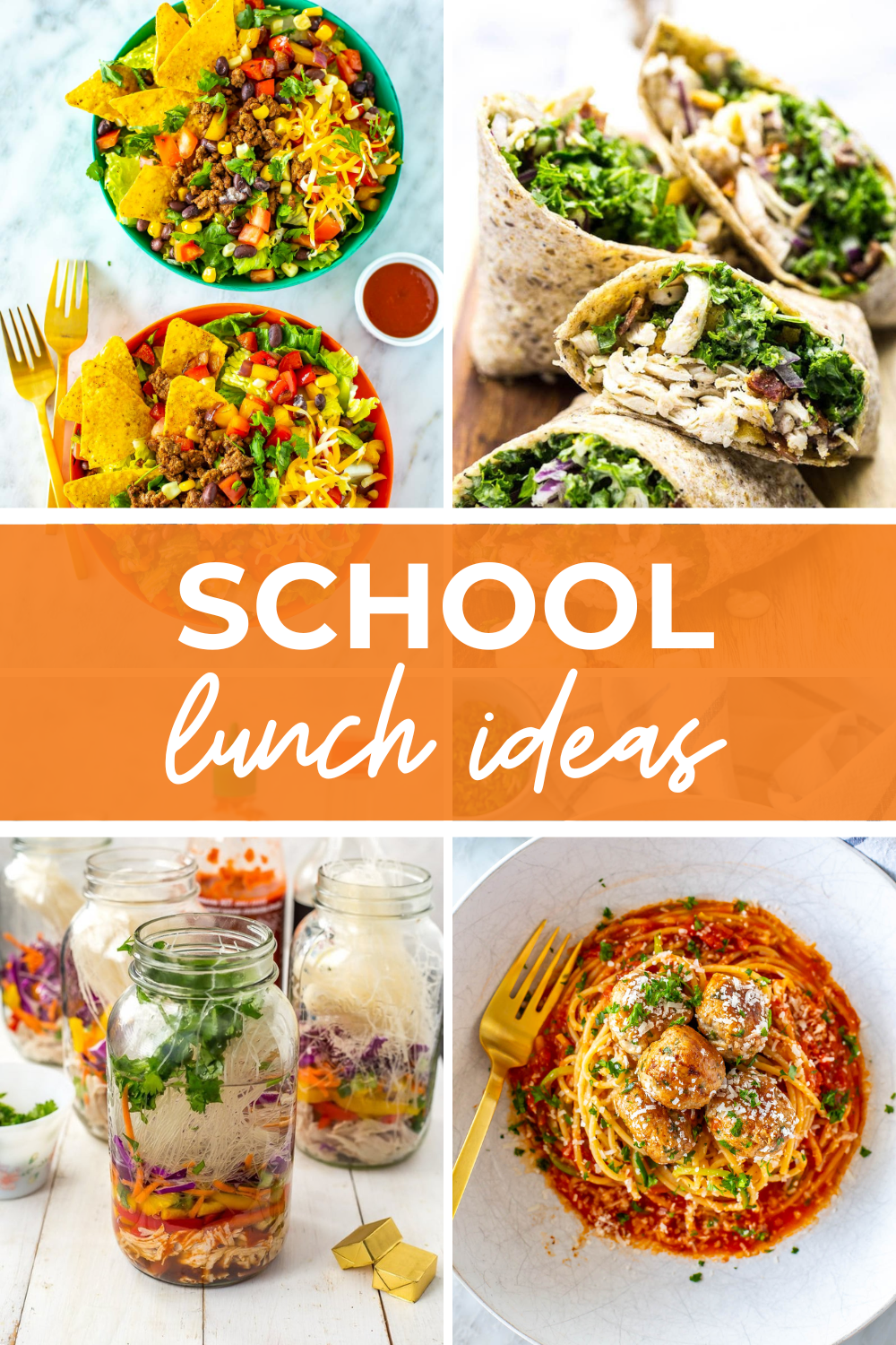 A collage of 4 school lunches with the text "School Lunch Ideas" on top.