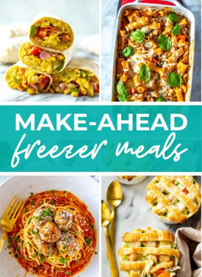 A collage of four different freezer meals with the text "Make-Ahead Freezer Meals" on top.