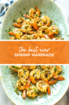 Overhead shot of plated dish with orange banner in the middle - reading "the best ever shrimp marinade"