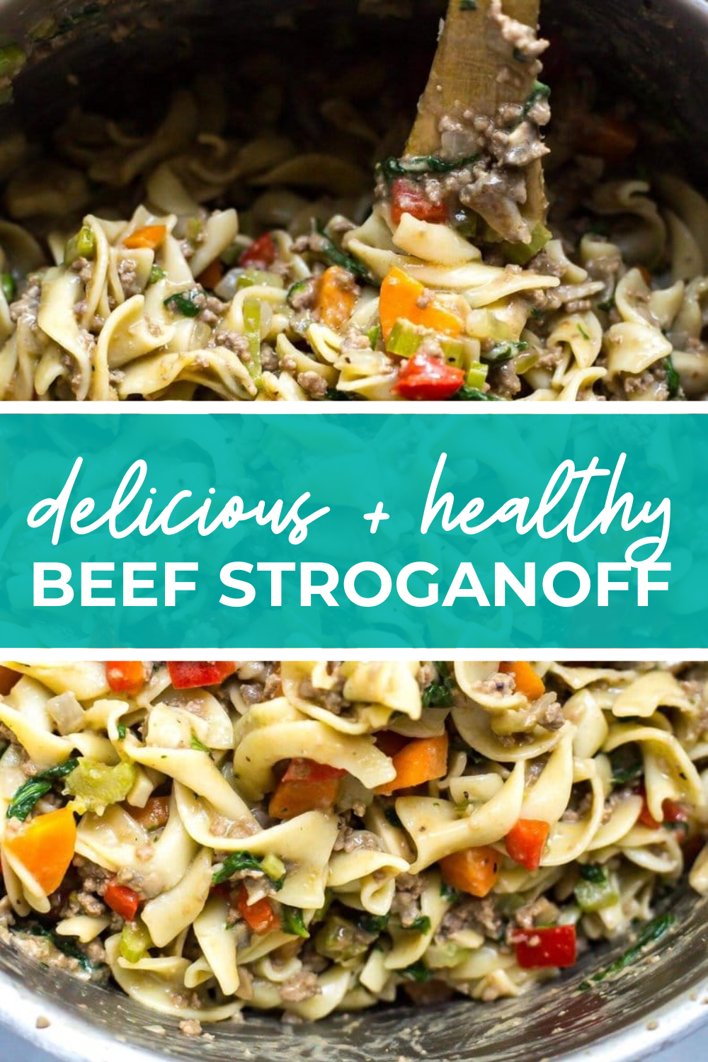 overhead shot of plated dish with green banner in the middle - reading " delicious + healthy beef stroganoff