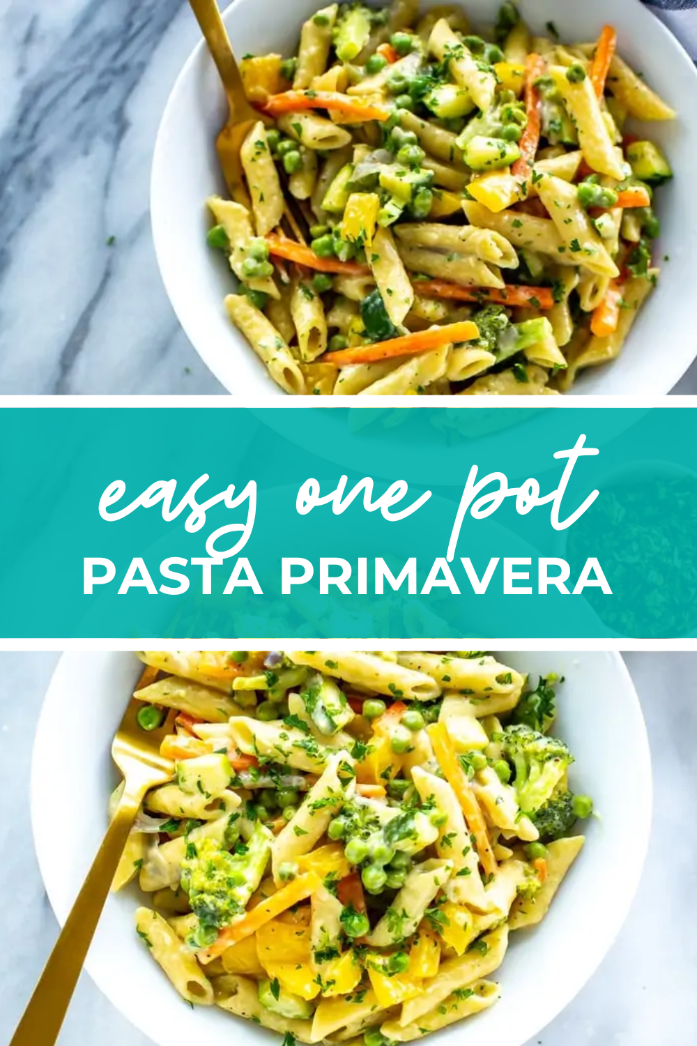 Overhead shot of plated dish with green banner in the middle - reading "easy one pot pasta primavera"