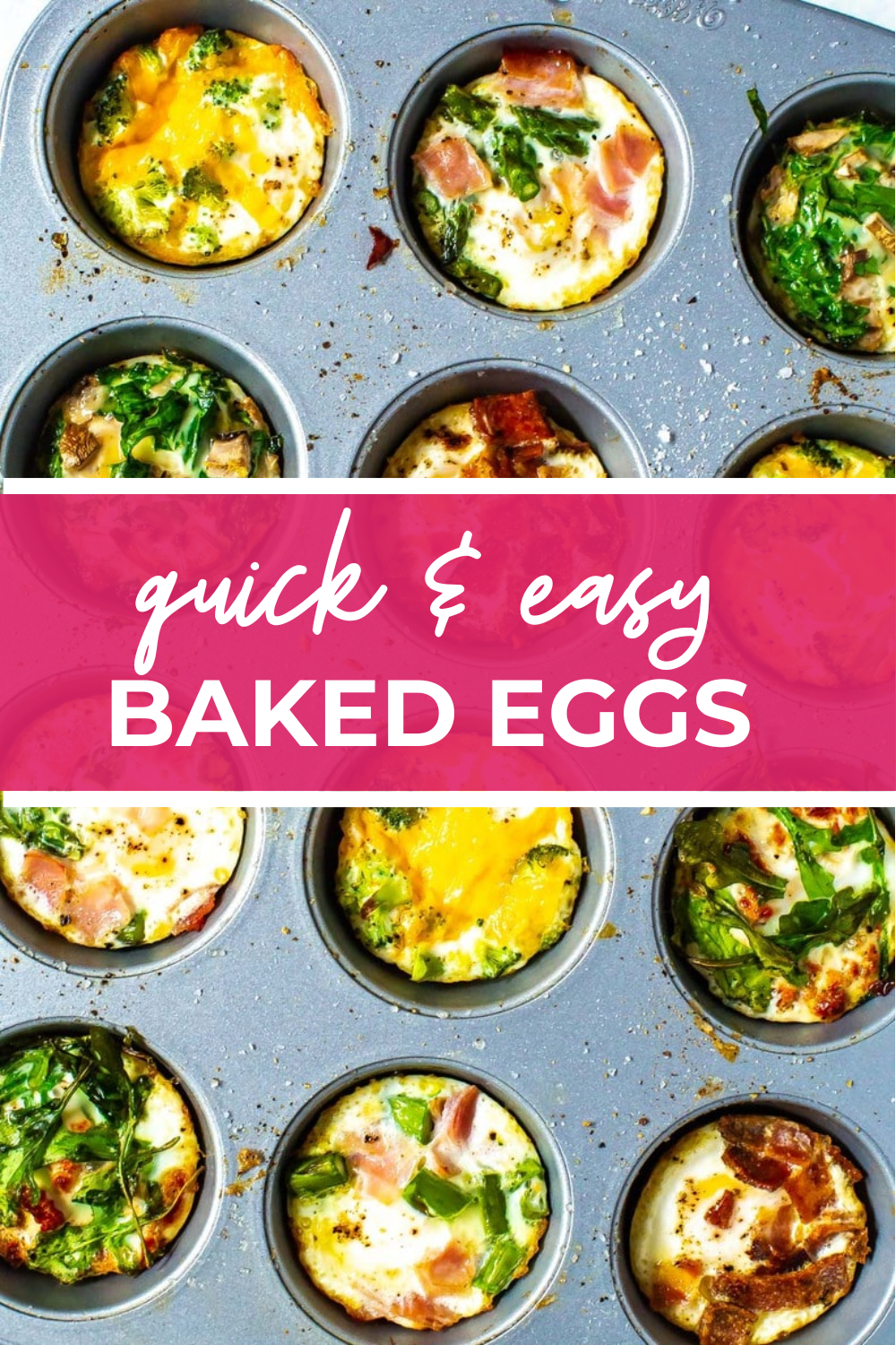 overhead shot of plated dish with pink banner in the middle - reading "quick & easy baked eggs"