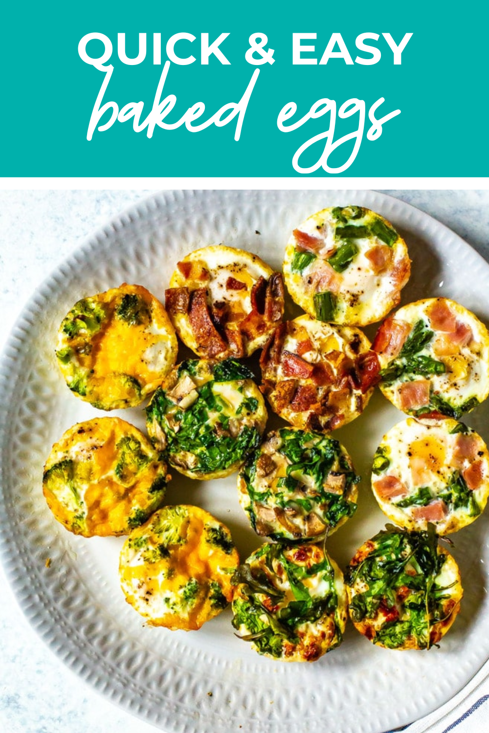 overhead shot of plated dish with green banner on the top - reading "quick & easy baked eggs"