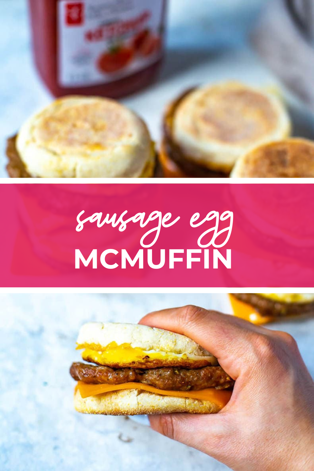 overhead shot of plated dish with pink banner in the middle - reading "sausage egg mcmuffin"