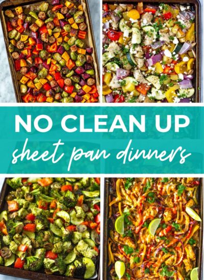 Collage of four sheet pan recipes, with text that says 'No Clean Up Sheet Pan Dinners'
