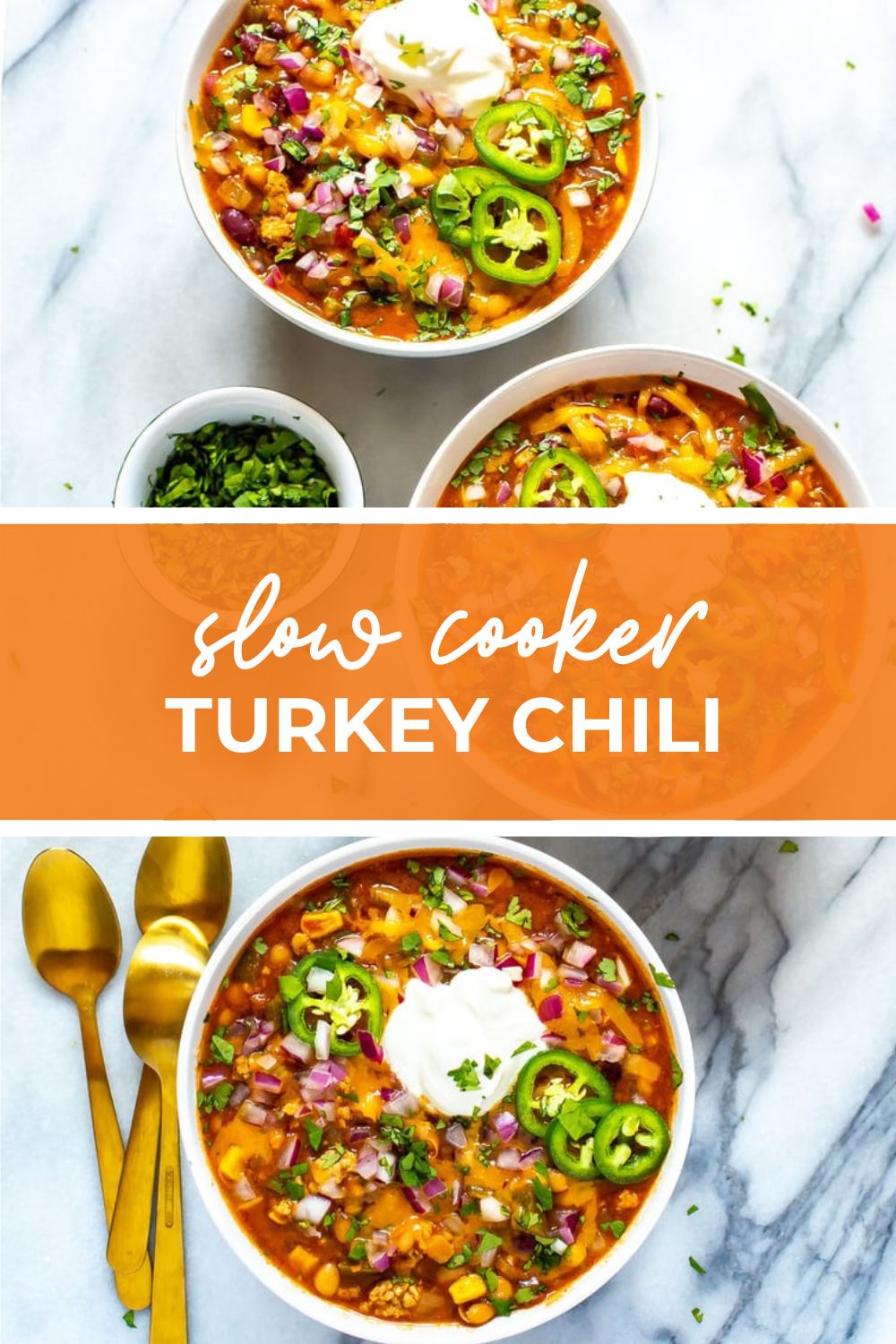 Row of bowls of turkey chili ready to serve