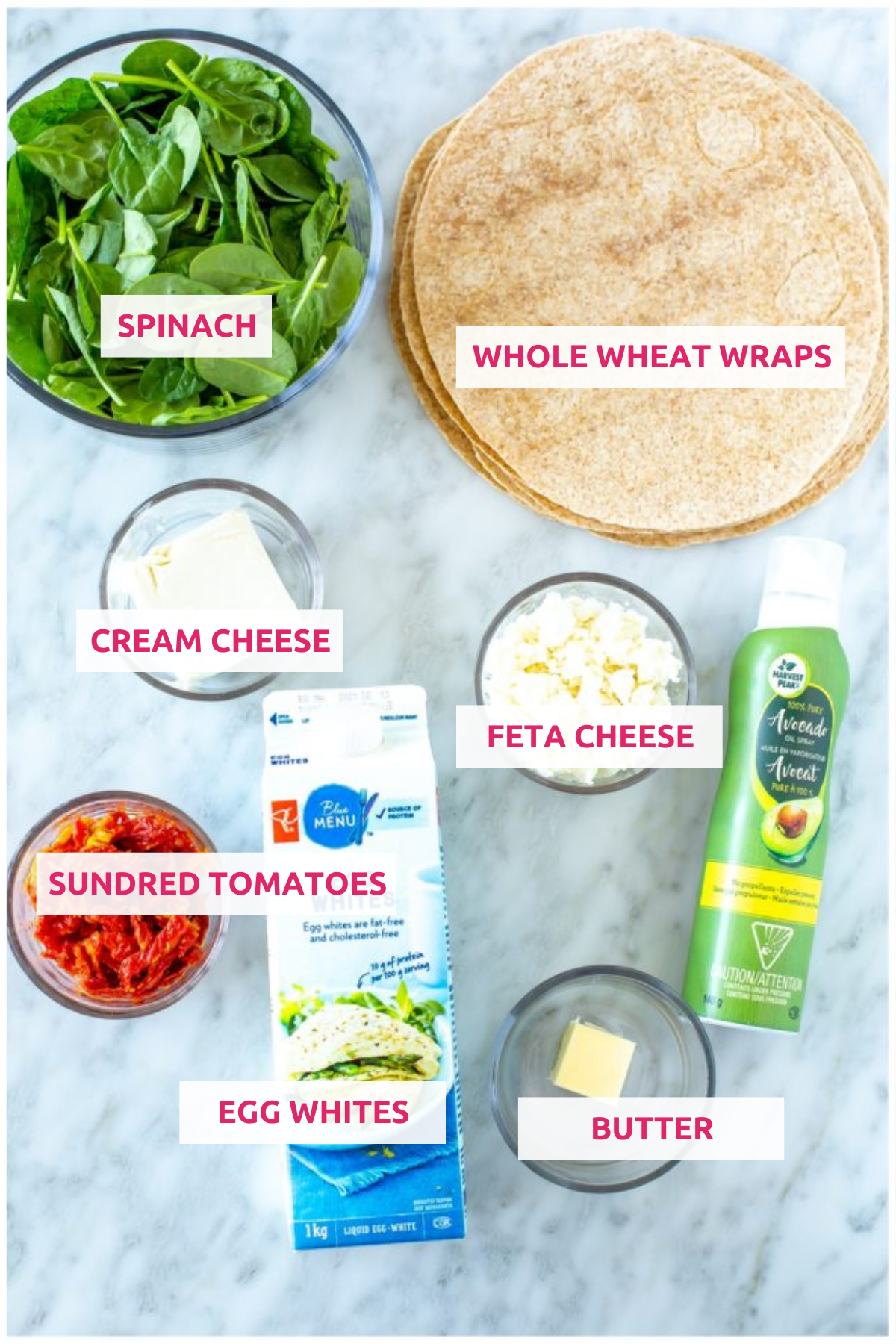 overhead shot of ingredients with label for starbucks spinach feta wrap