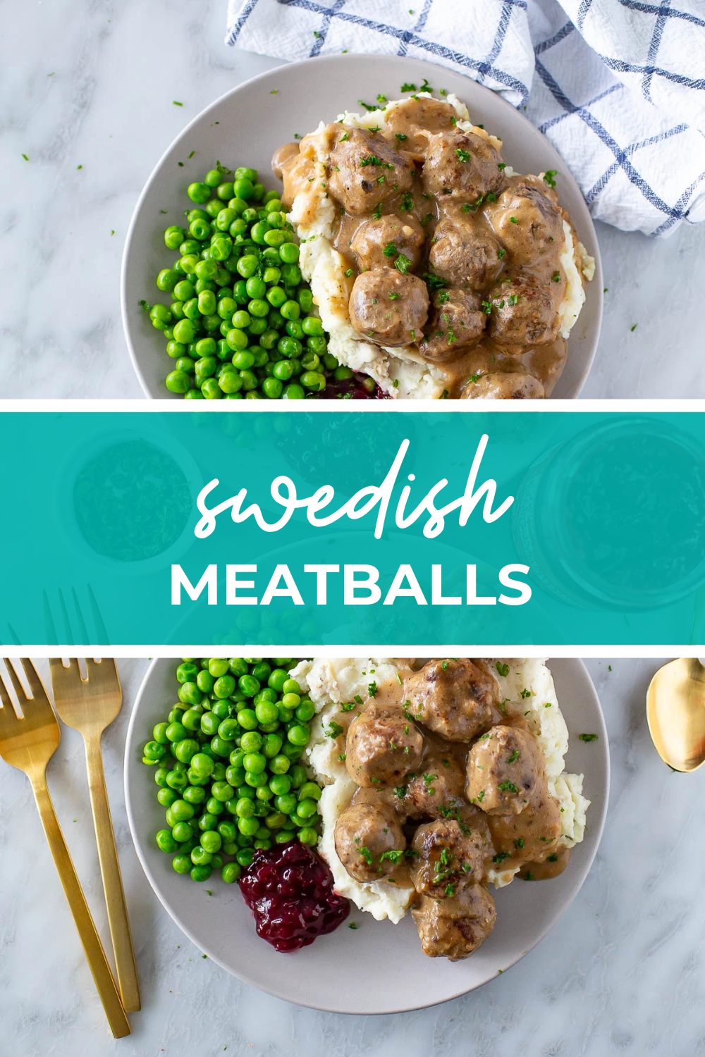 overhead shot of plated dish with green banner in the middle - reading "swedish meatballs"