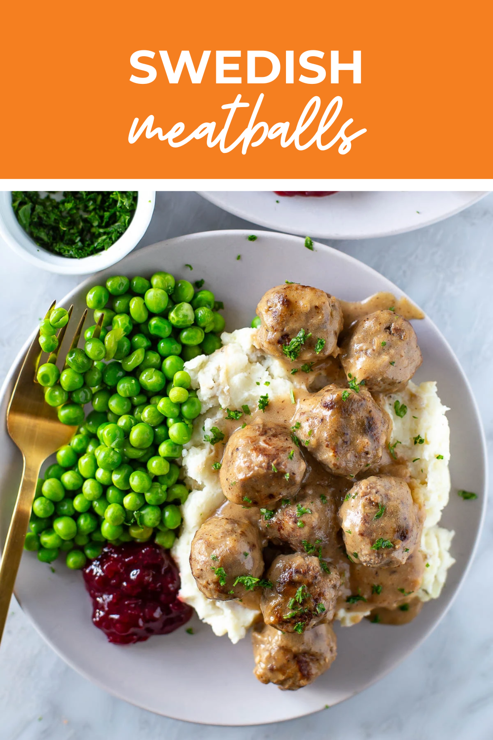 overhead shot of plated dish with orange banner on the top - reading "swedish meatballs"