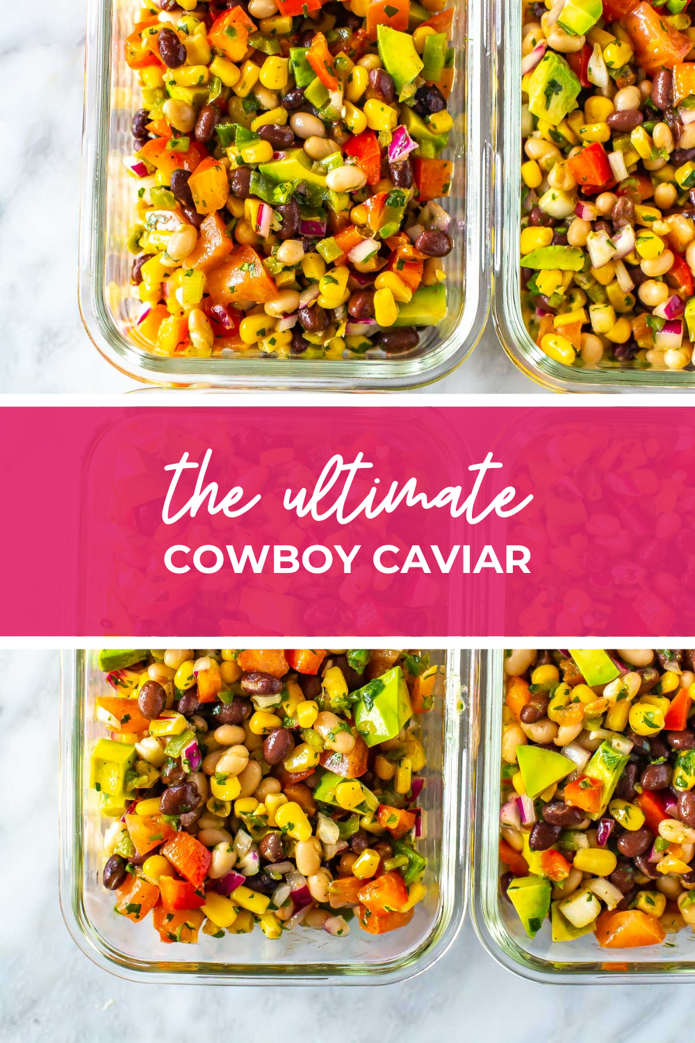Overhead shot of plated dish with pink banner in the middle - reading "the ultimate cowboy caviar"