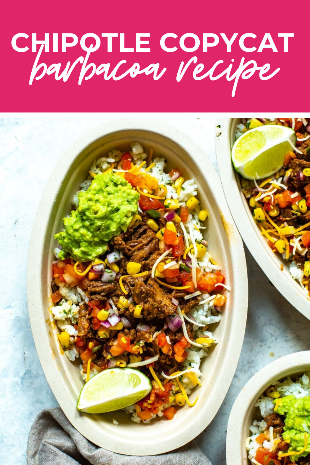 overhead shot of plated dish with pink banner on the top - reading "chipotle copycat barbacoa recipe"