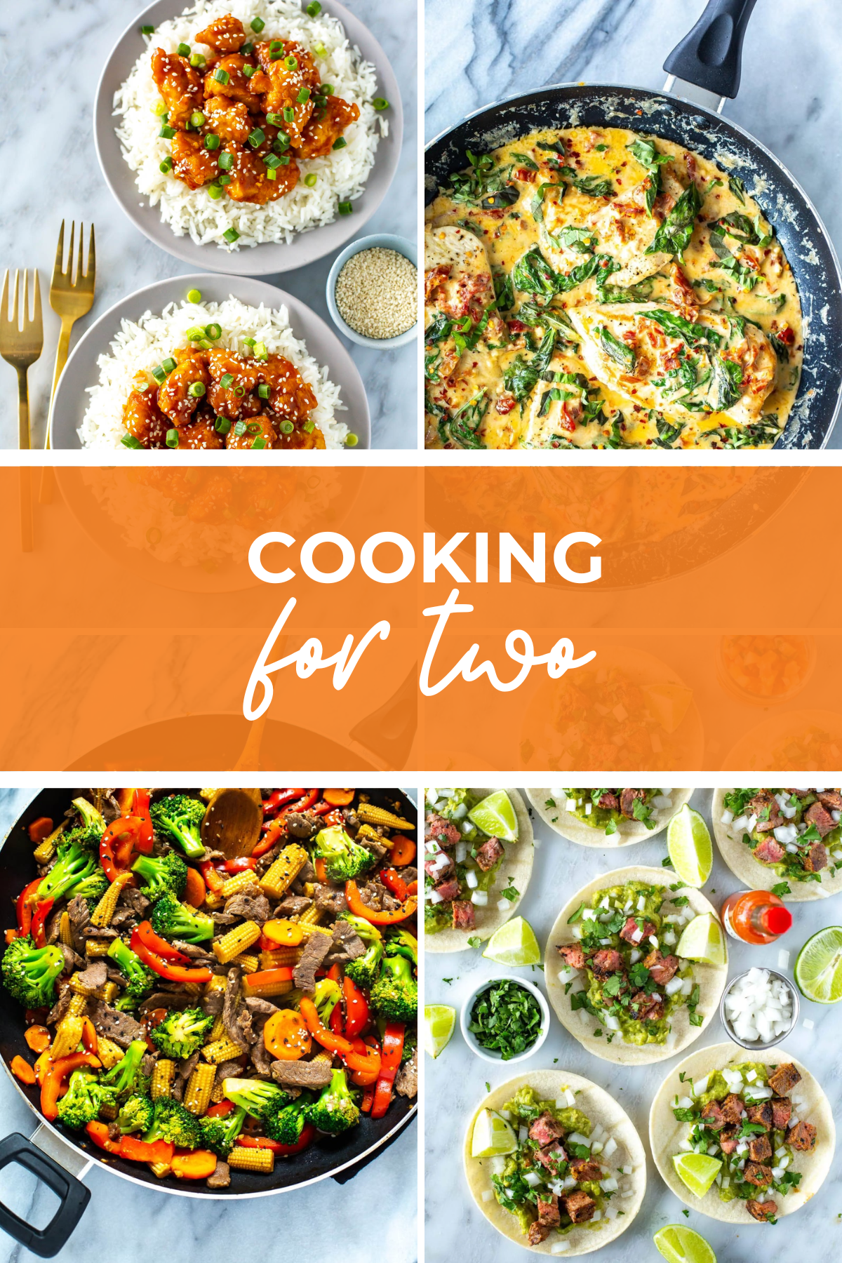 four dishes collage with orange banner in the middle and white text reading "cooking for two"