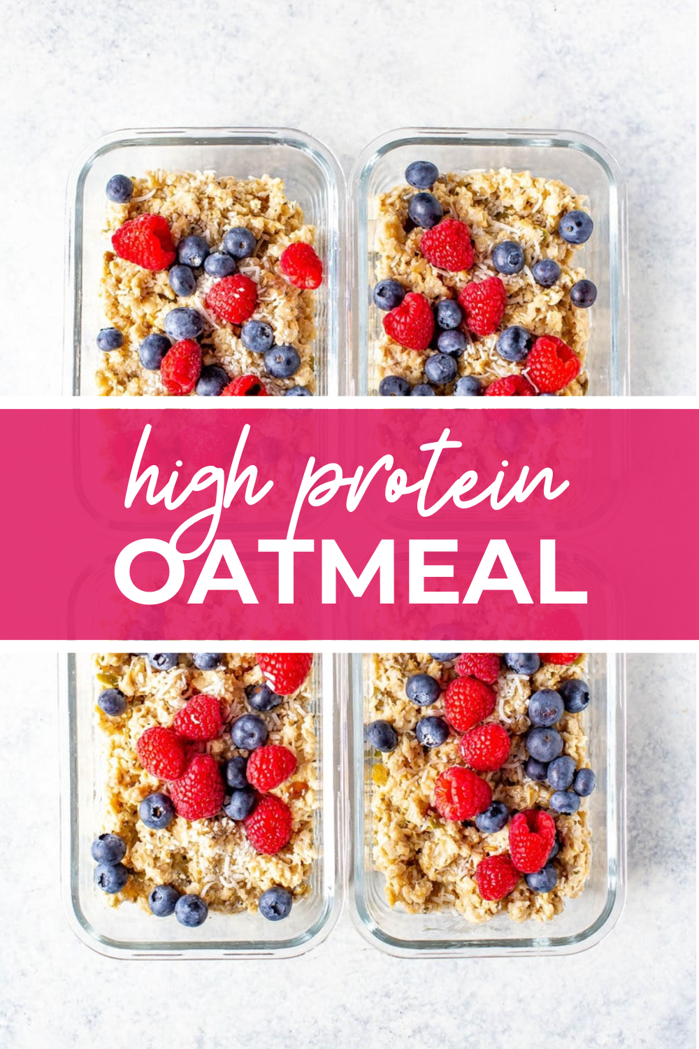 Four meal prep containers each with oatmeal topped with berries.