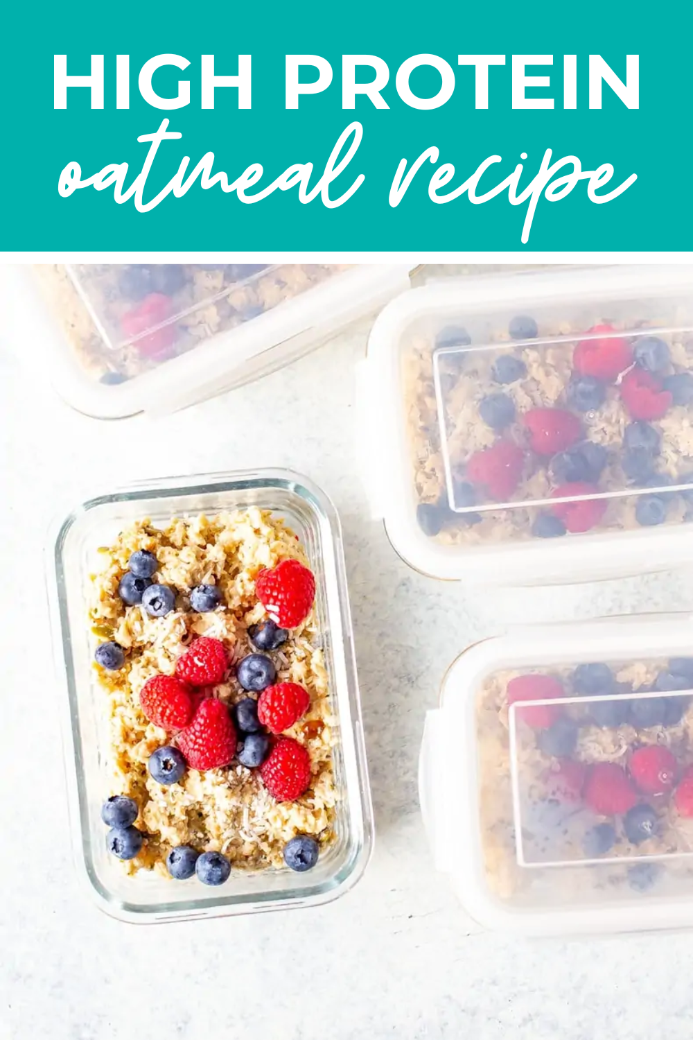 A few meal prep containers with lids on and one open with oatmeal.