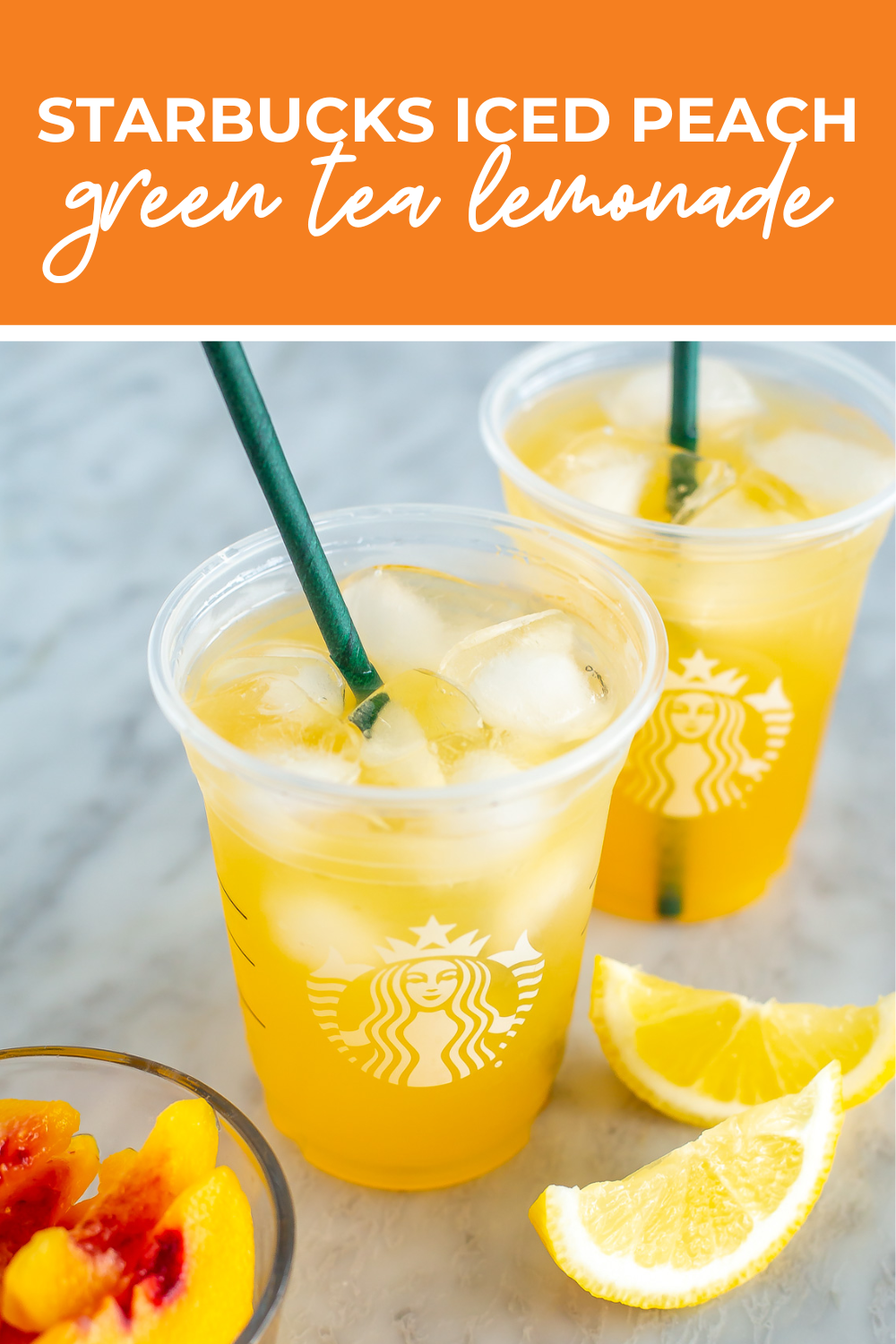 overhead shot of plated dish with orange banner on the top - reading "starbucks iced peach green tea lemonade"
