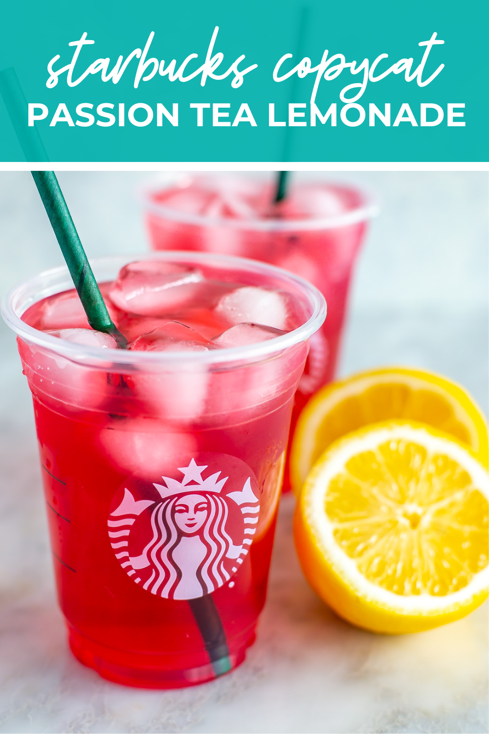 overhead shot of plated dish with green banner on the top - reading "starbucks copycat passion tea lemonade"