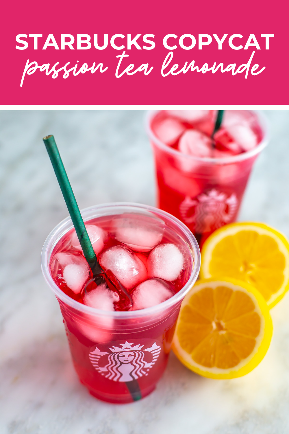 overhead shot of plated dish with pink banner on the top - reading "starbucks copycat passion tea lemonade"