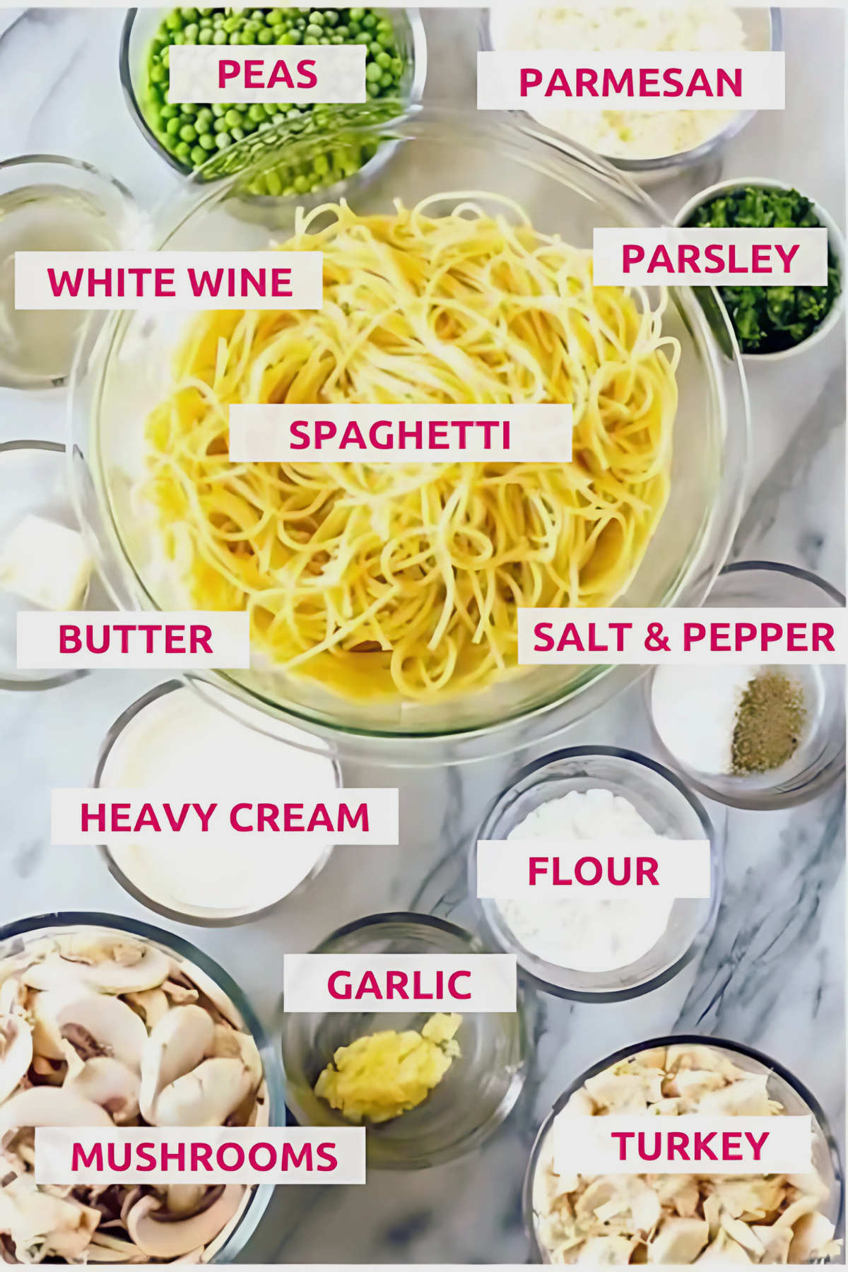 Overhead shot of the ingredients with labels for best turkey tetrazzini recipe.