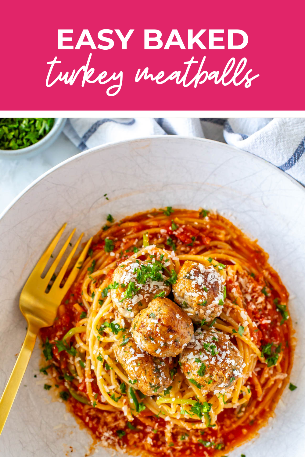 Plated bowl of baked meatballs and spaghetti