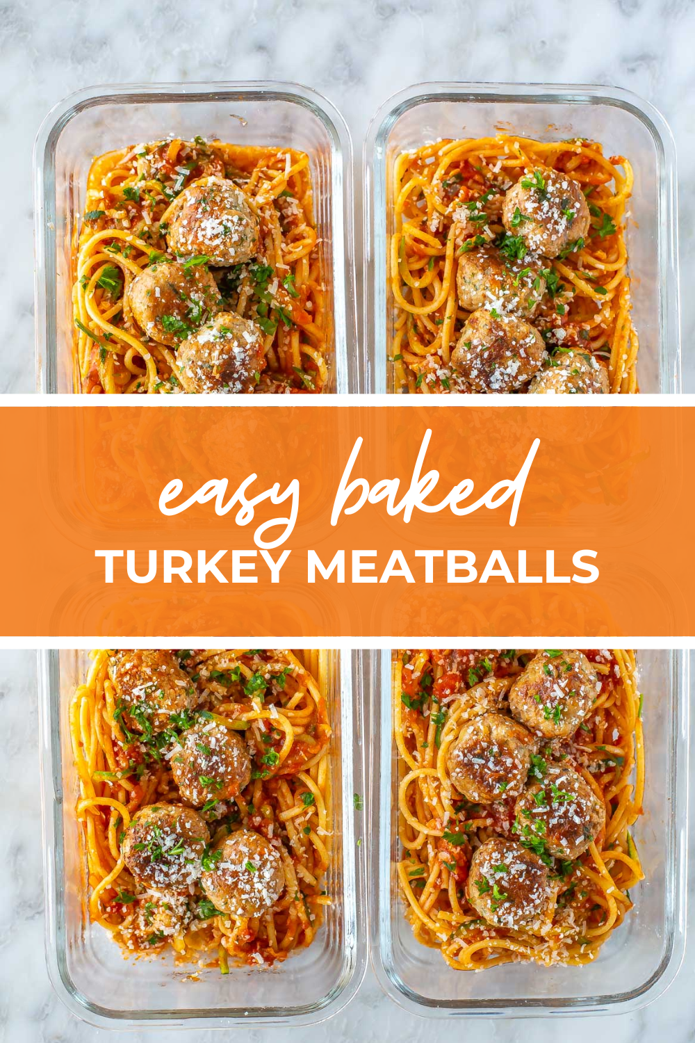 Four meal-prepped containers of turkey meatballs over spaghetti
