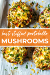 Row of stuffed portobello mushrooms cooked on baking sheet