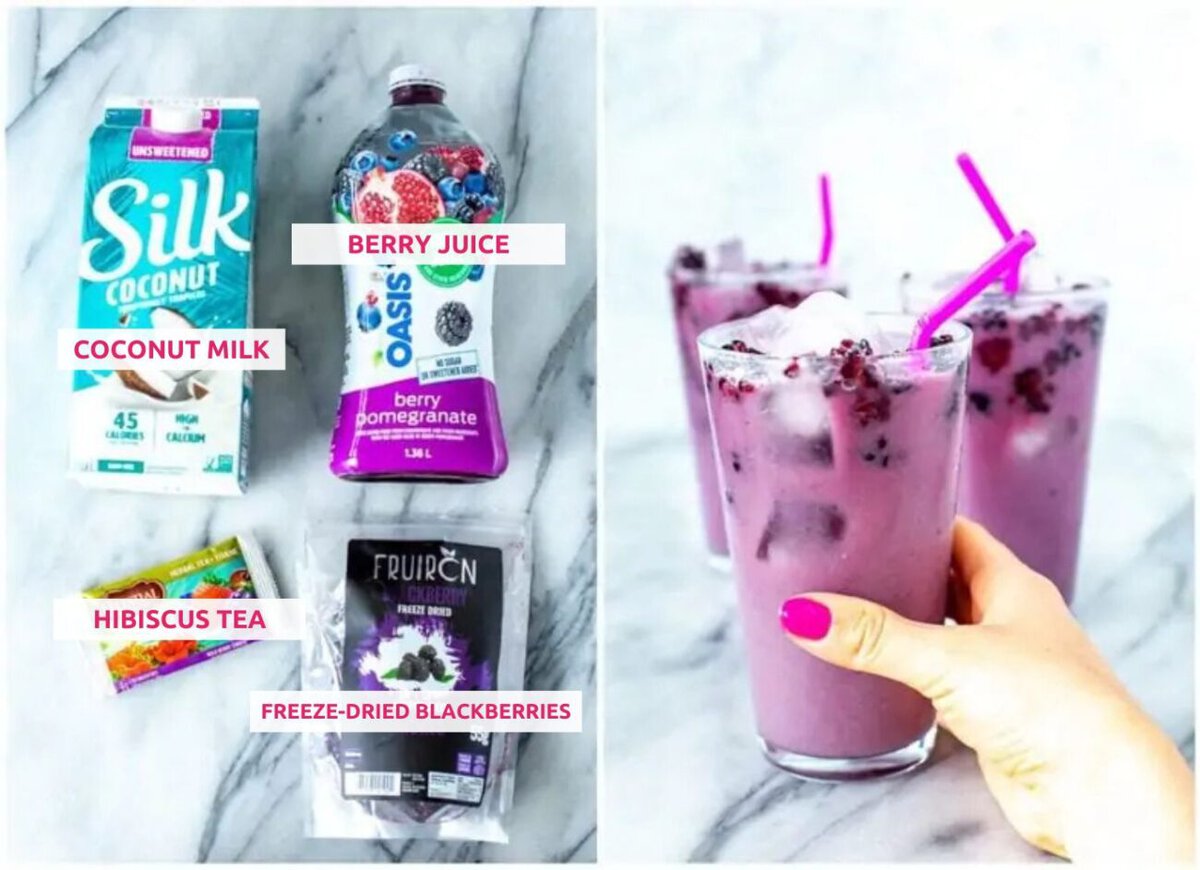 Ingredients for making a Starbucks purple drink: coconut milk, berry juice, hibiscus tea and freeze-dried blackberries