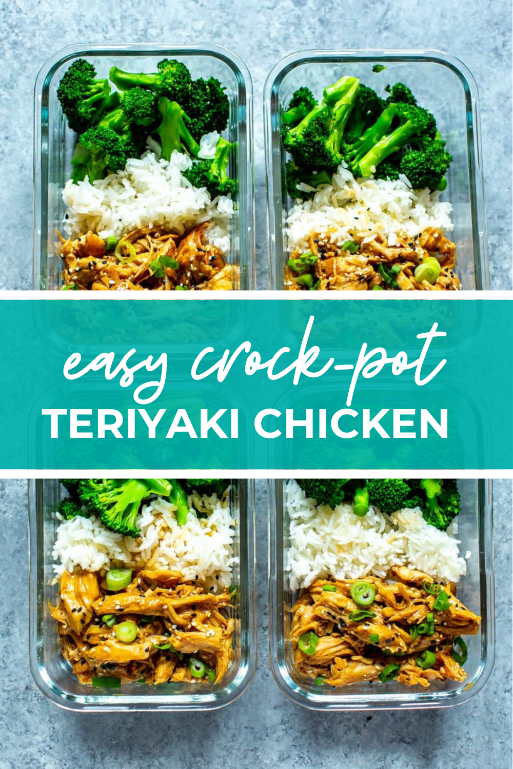 overhead shot of plated dish with green banner in the middle - reading "easy crock-pot teriyaki chicken"
