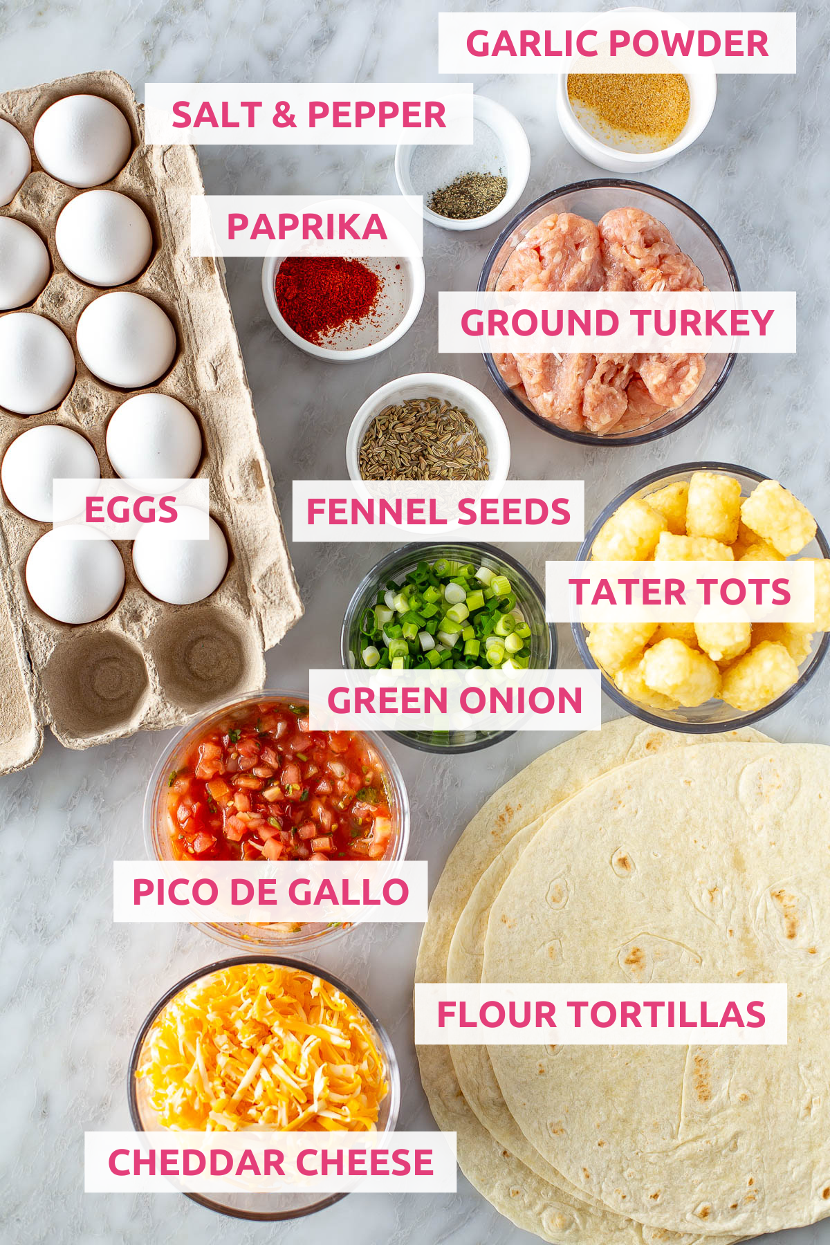 Meal Prep Breakfast Burritos ingredients with label