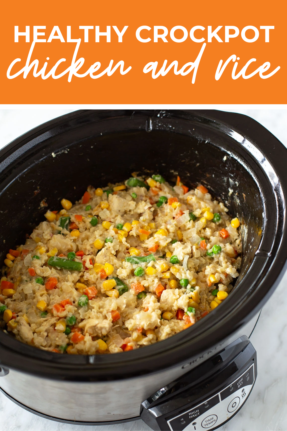 Overhead shot of plated dish with orange banner on the top- reading "healthy crockpot chicken and rice"