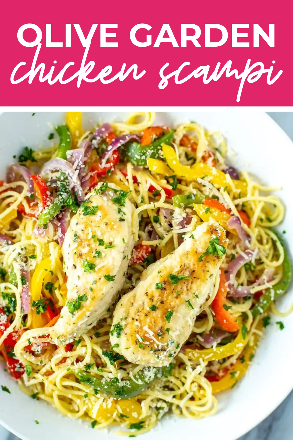 Overhead shot of plated dish with pink banner on the top - reading "olive garden chicken scampi"