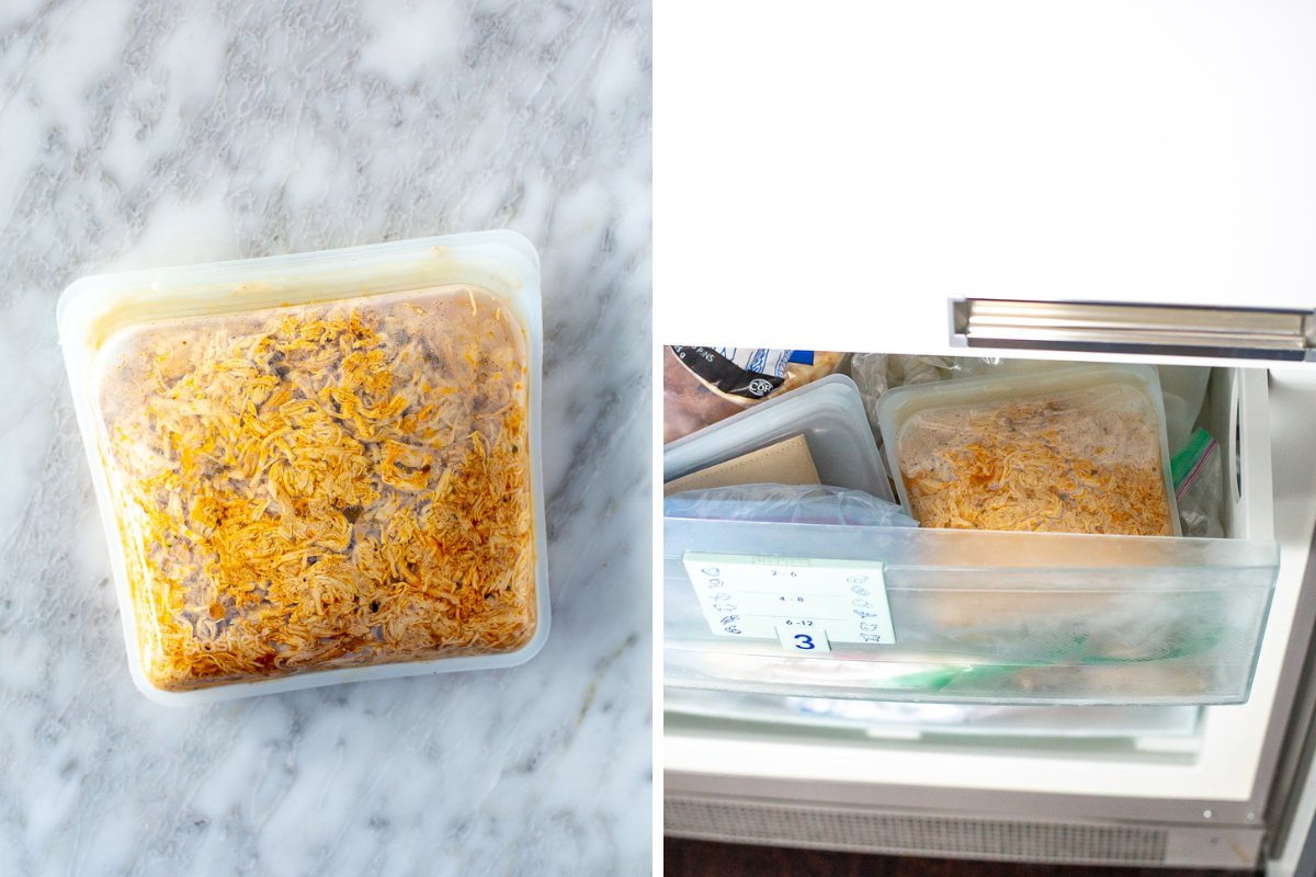 overhead shots collage of the shredded chicken in silicon food bag and storing in freezer