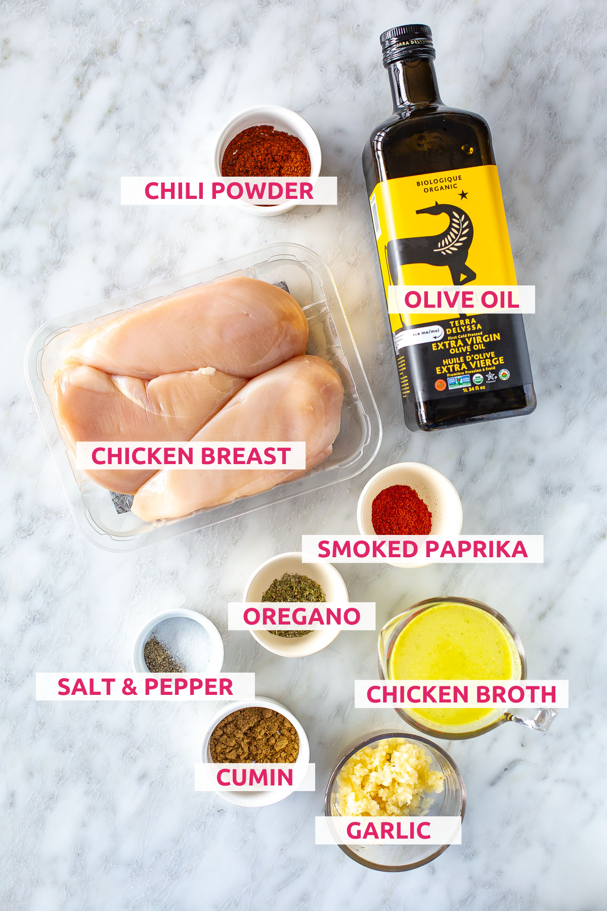 overhead shot of the slow cooker shredded chicken ingredients with labels