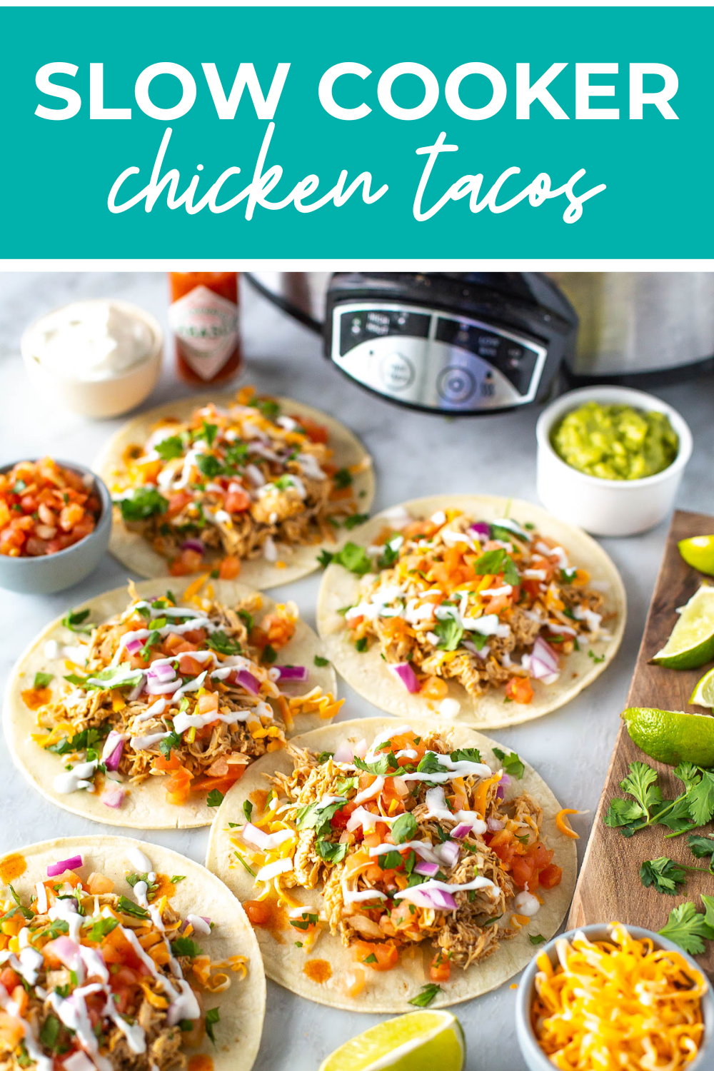 Overhead shot of plated dish with green banner on the top - reading "slow cooker shredded chicken"