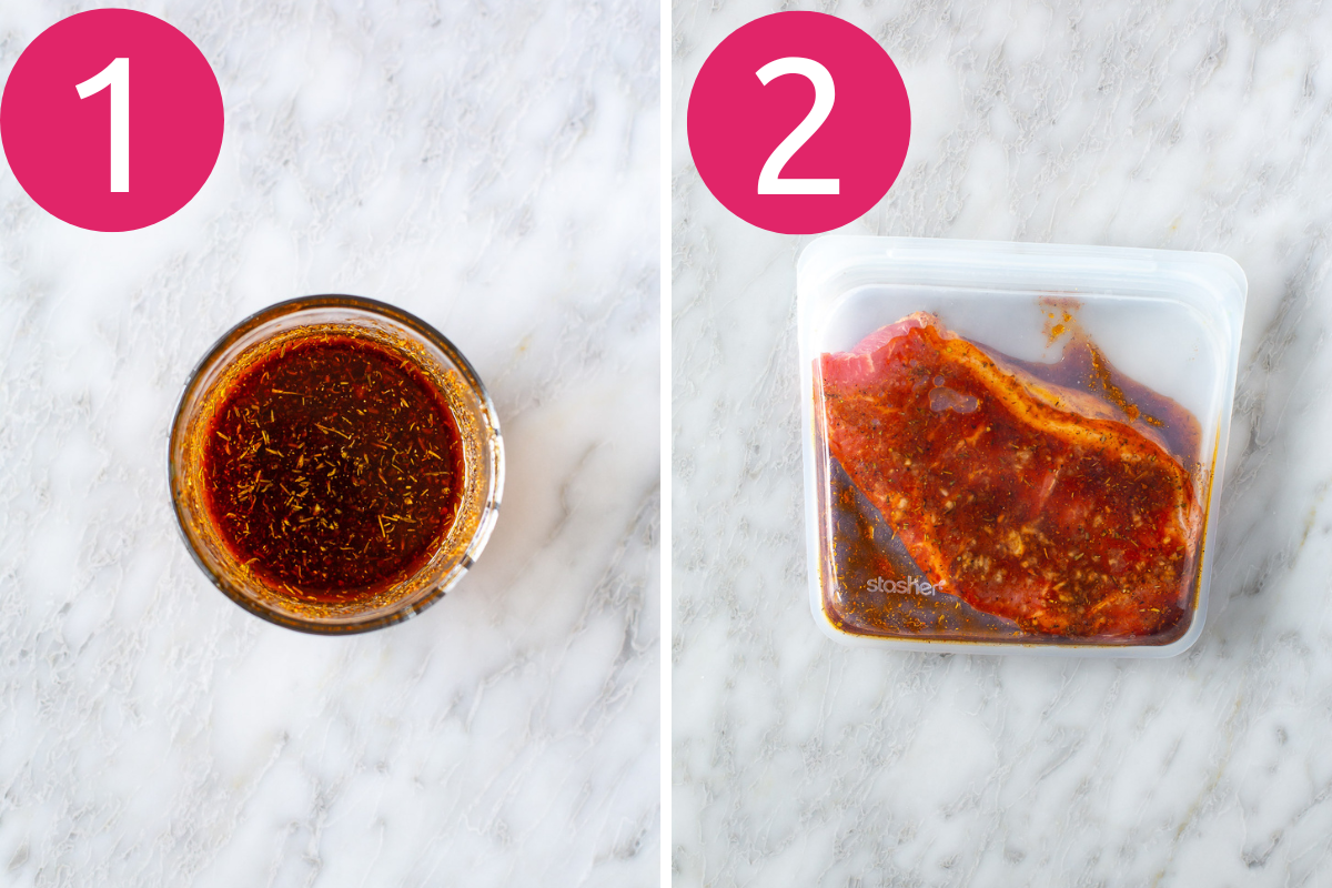 Overhead shot showing the first two steps: 1) a glass bowl with a dark marinade, and 2) a silicone bag with a steak marinating in the same dark liquid