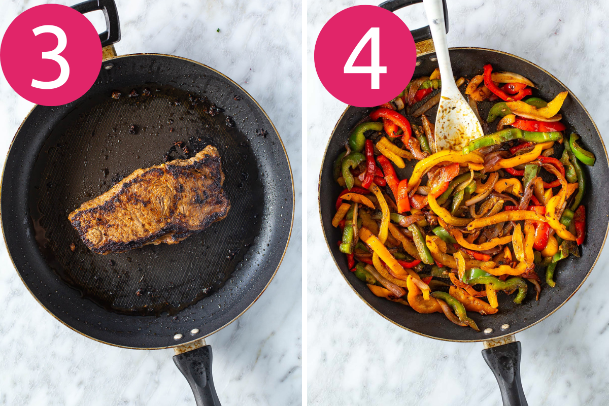 Overhead shot showing second two cooking steps: 3) a seared steak in a black frying pan, and 4) sliced peppers and onions being sautéed in the same pan with a spatula.