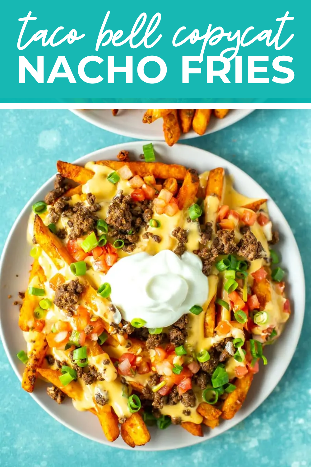 Overhead shot of plated dish with green banner on the top- reading "nacho fries taco bell copycat"