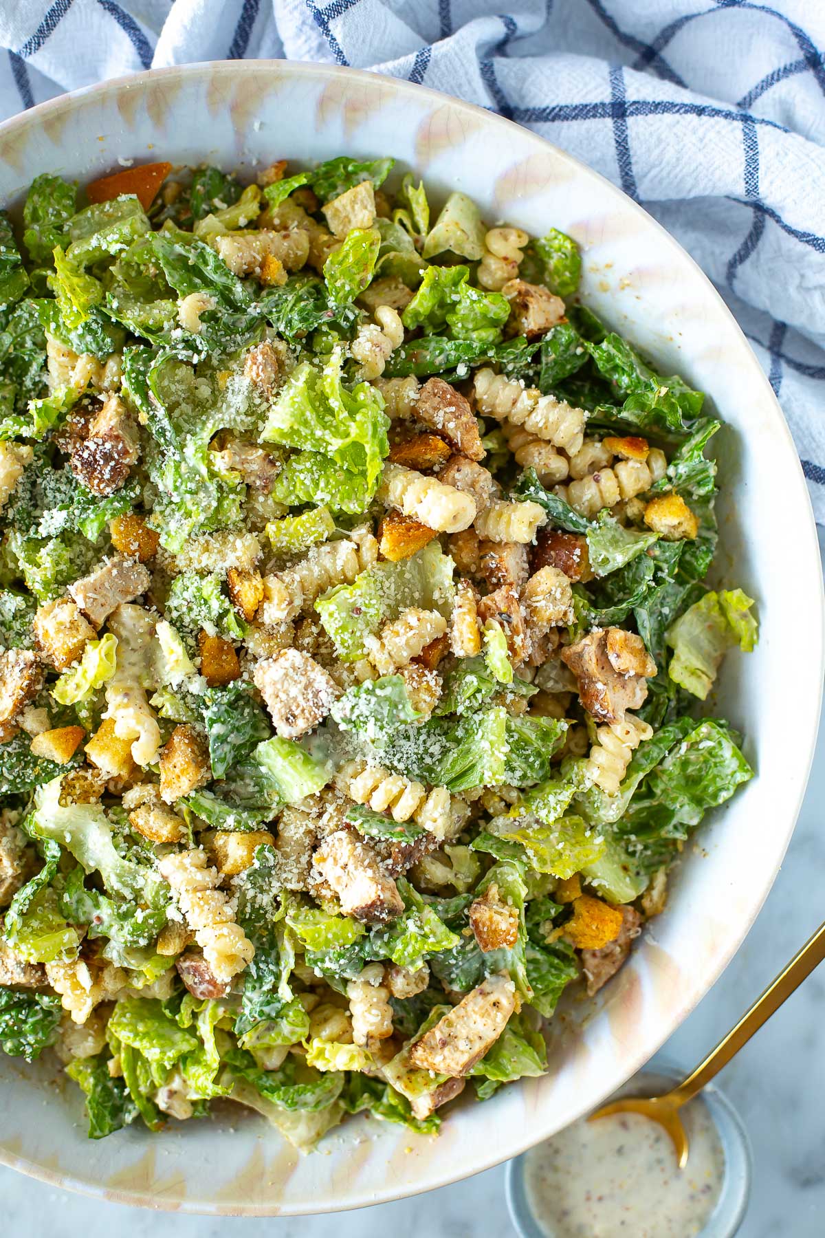 Overhead shot of plated Chicken Caesar pasta salad - 4