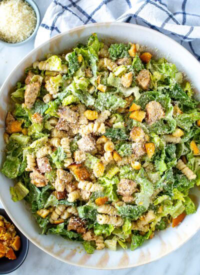 Overhead shot of plated Chicken Caesar pasta salad - 1
