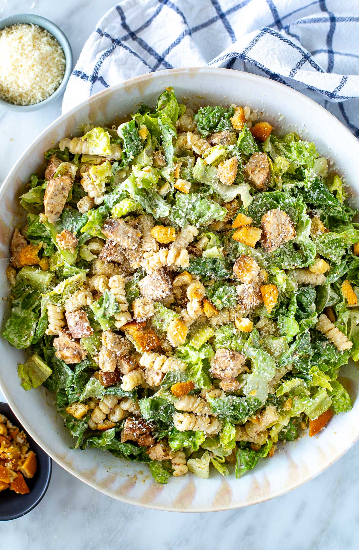 Overhead shot of plated Chicken Caesar pasta salad - 1