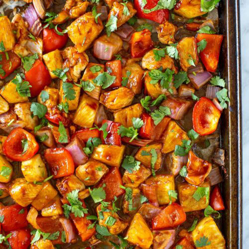 overhead shot of hawaiian chicken in a sheet pan 4