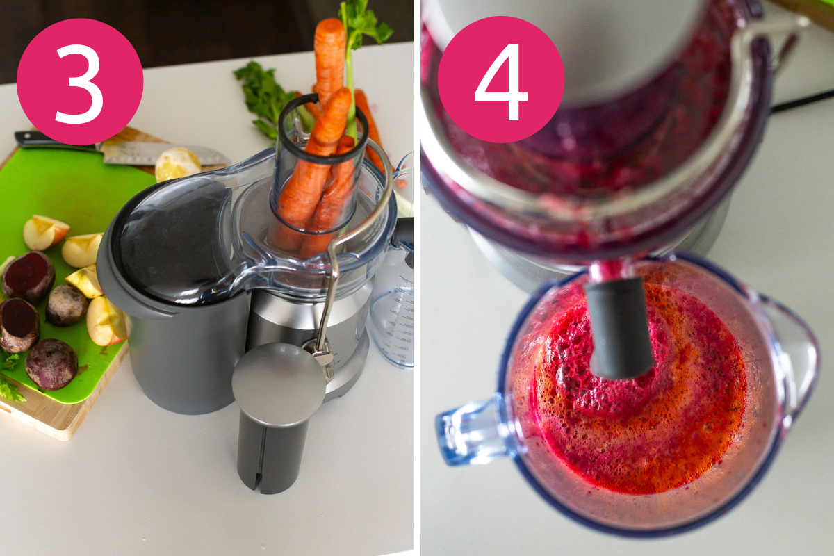 Collage showing two steps: 3. Carrots being fed into a juicer. 4. Beet juice flowing from the juicer into a pitcher