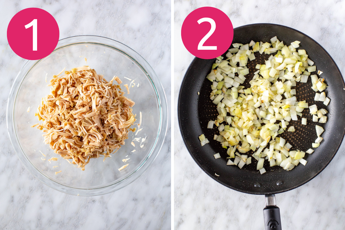 Collage showing two steps: 1. Shredded jackfruit in a clear glass bowl. 2. Diced white onions sautéing in a black frying pan with olive oil.