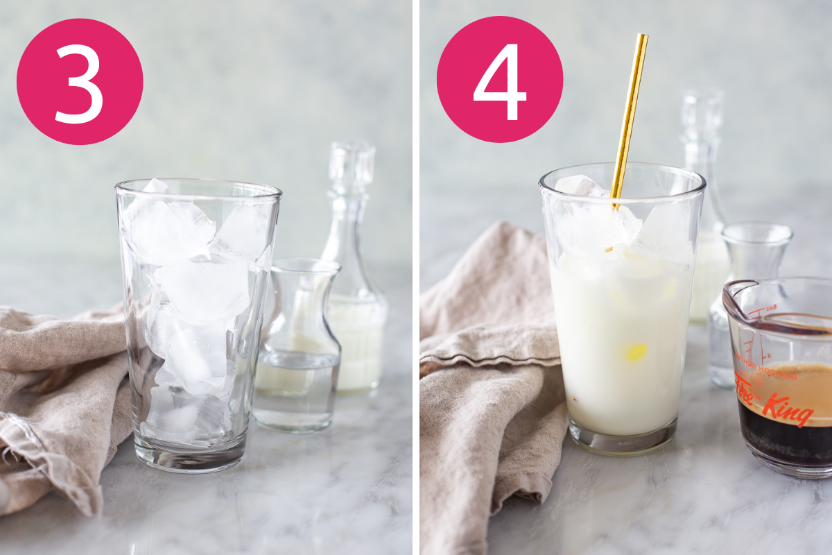 Collage showing two steps: 3. A clear glass filled with ice cubes, next to two small glass carafes containing liquids. 4. Milk being poured into the glass of ice with a gold straw, next to a small glass carafe of milk and a glass measuring cup of espresso.