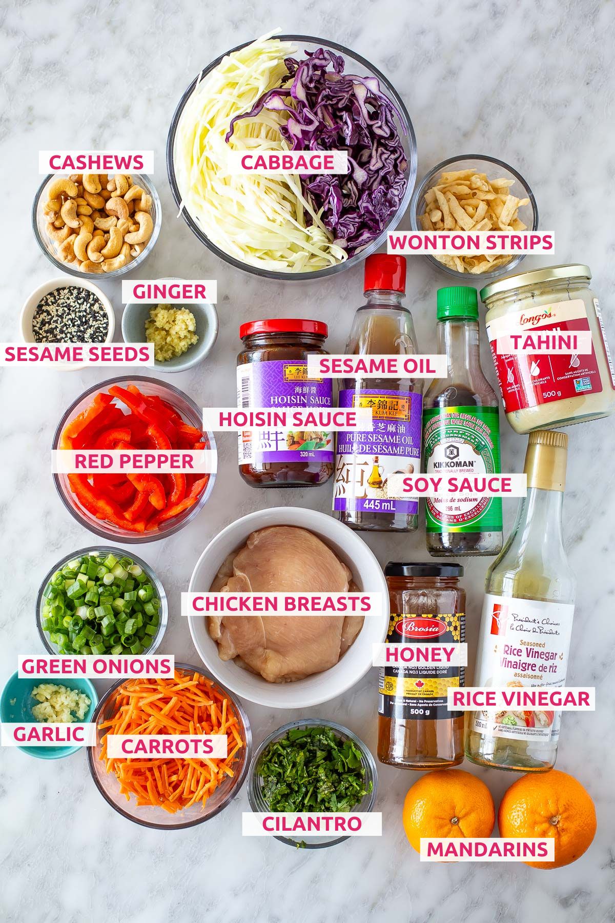 Overhead shot of labeled ingredients for Mandarin Chicken Salad.