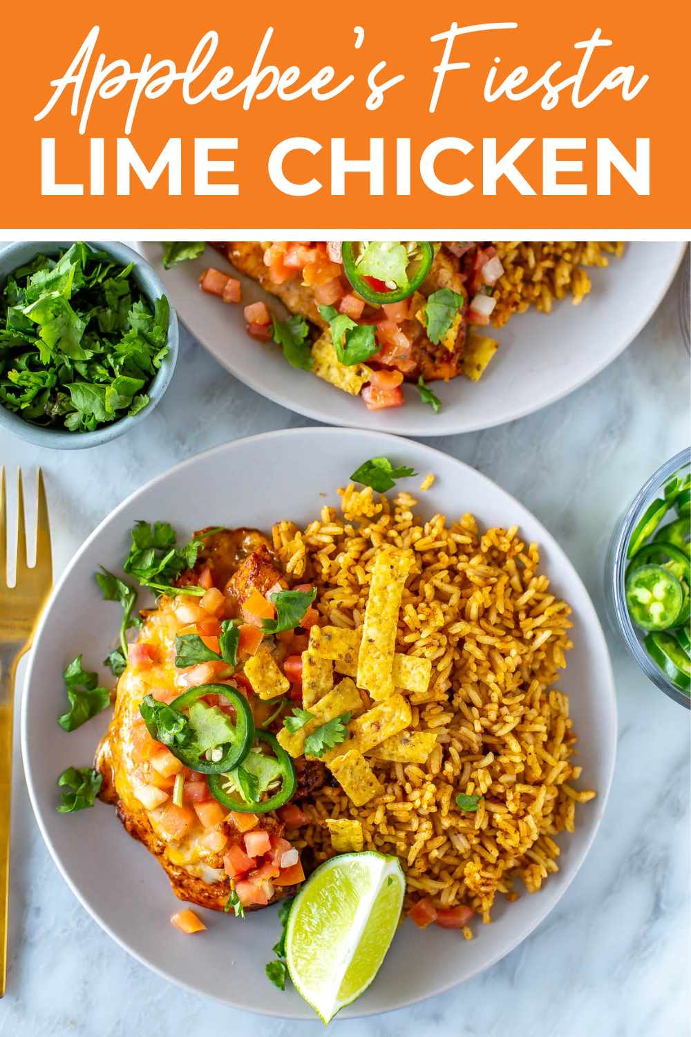 A plate of Tequila Lime Chicken with the text "Applebee's Fiesta Lime Chicken" on top.