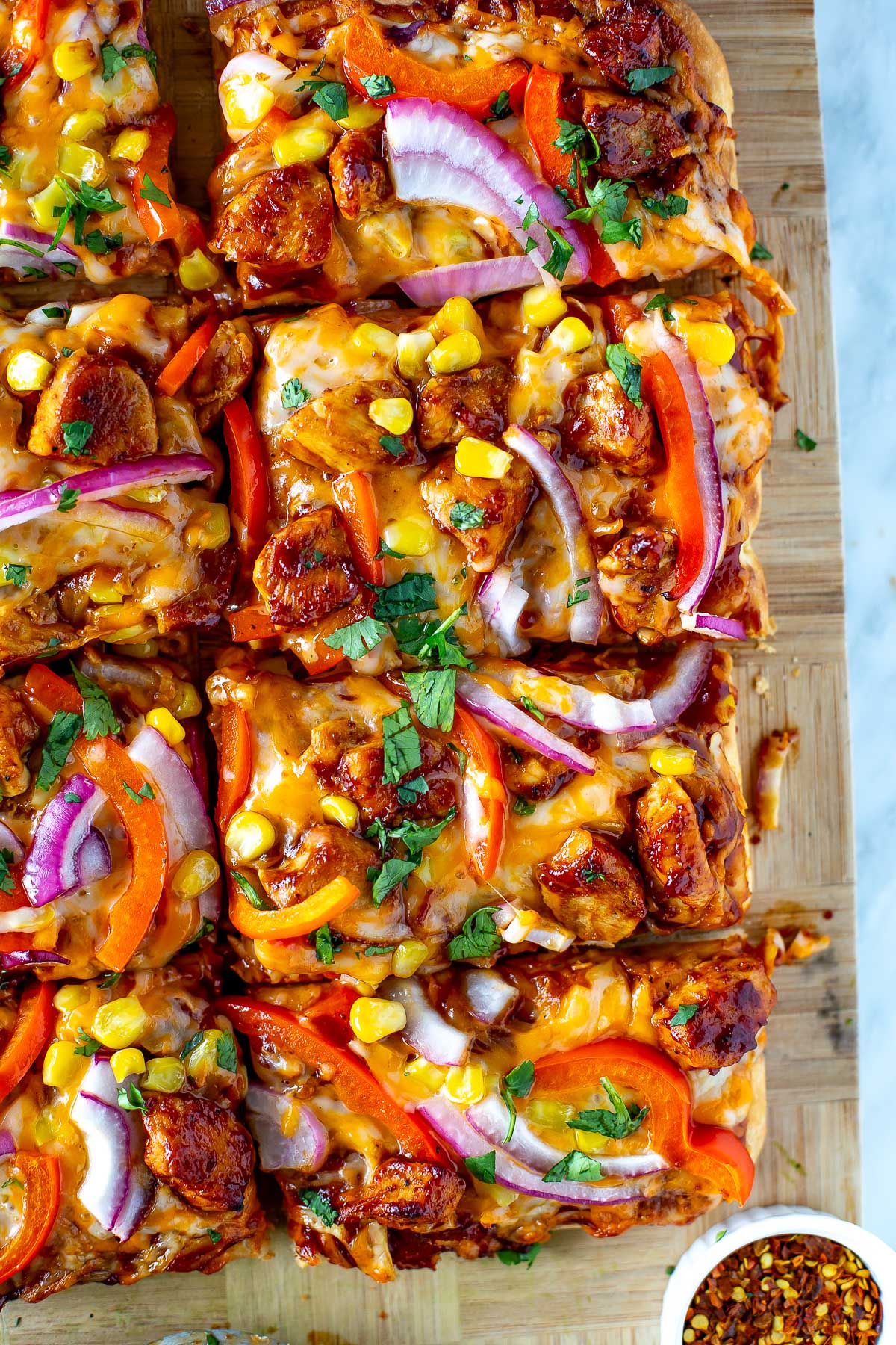 overhead shot of the dish - BBQ Chicken Flatbread 2